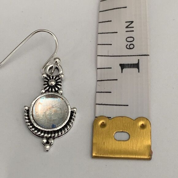 Faux Moonstone & Silver Tone Drop Earrings, Ornate Vintage Balinese Opal Style - Picture 7 of 7